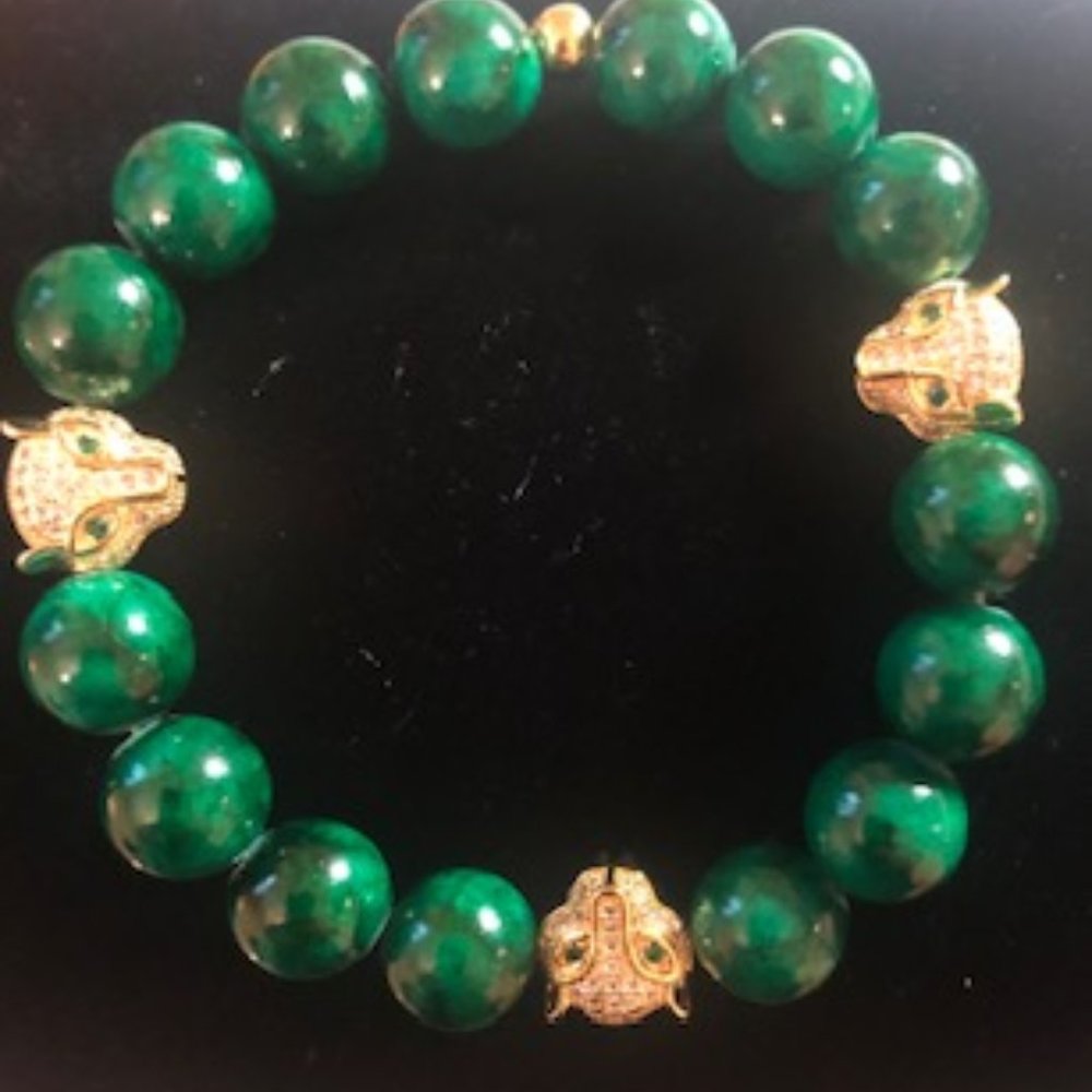 Green Mountain Jade Bead Bracelet  Jaguar Accents